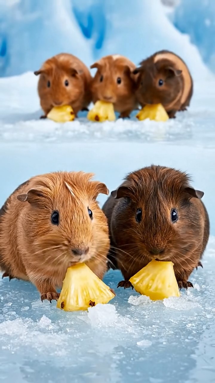 725. Detailed photo of 5 smooth-haired American guinea pigs with White, Orange, Gray, Black, and Brown fur, foraging for clover in a lush meadow with wildflowers and a trickling stream, under soft morning light, creating a realistic, serene pastoral scene.