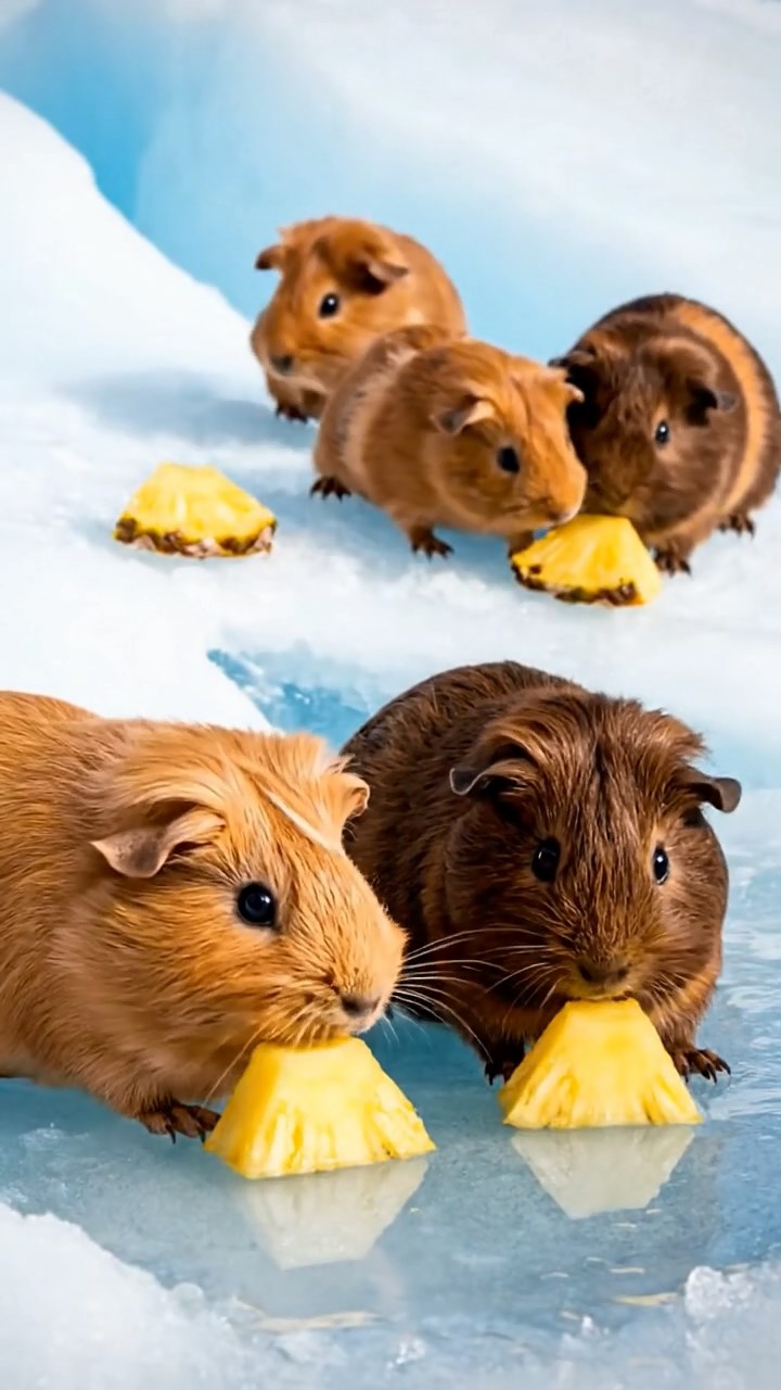 725. Detailed photo of 5 smooth-haired American guinea pigs with White, Orange, Gray, Black, and Brown fur, foraging for clover in a lush meadow with wildflowers and a trickling stream, under soft morning light, creating a realistic, serene pastoral scene.