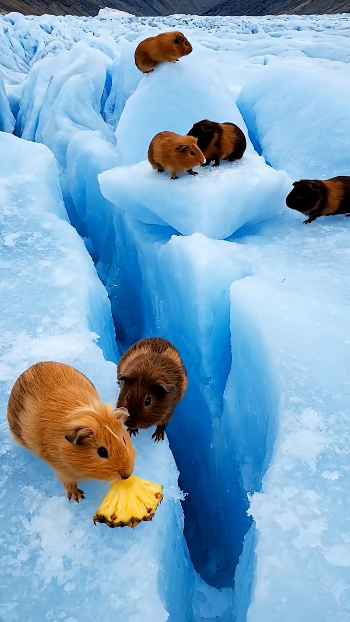 725. Detailed photo of 5 smooth-haired American guinea pigs with White, Orange, Gray, Black, and Brown fur, foraging for clover in a lush meadow with wildflowers and a trickling stream, under soft morning light, creating a realistic, serene pastoral scene.