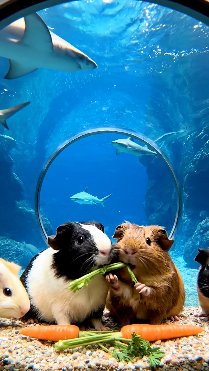 728. Realistic scene of 3 smooth-haired Californian guinea pigs with Chocolate, Cinnamon, and Gray fur, grooming each other in a lush meadow with scattered wildflowers and a babbling brook, under golden sunlight, enhancing the authentic, social atmosphere.