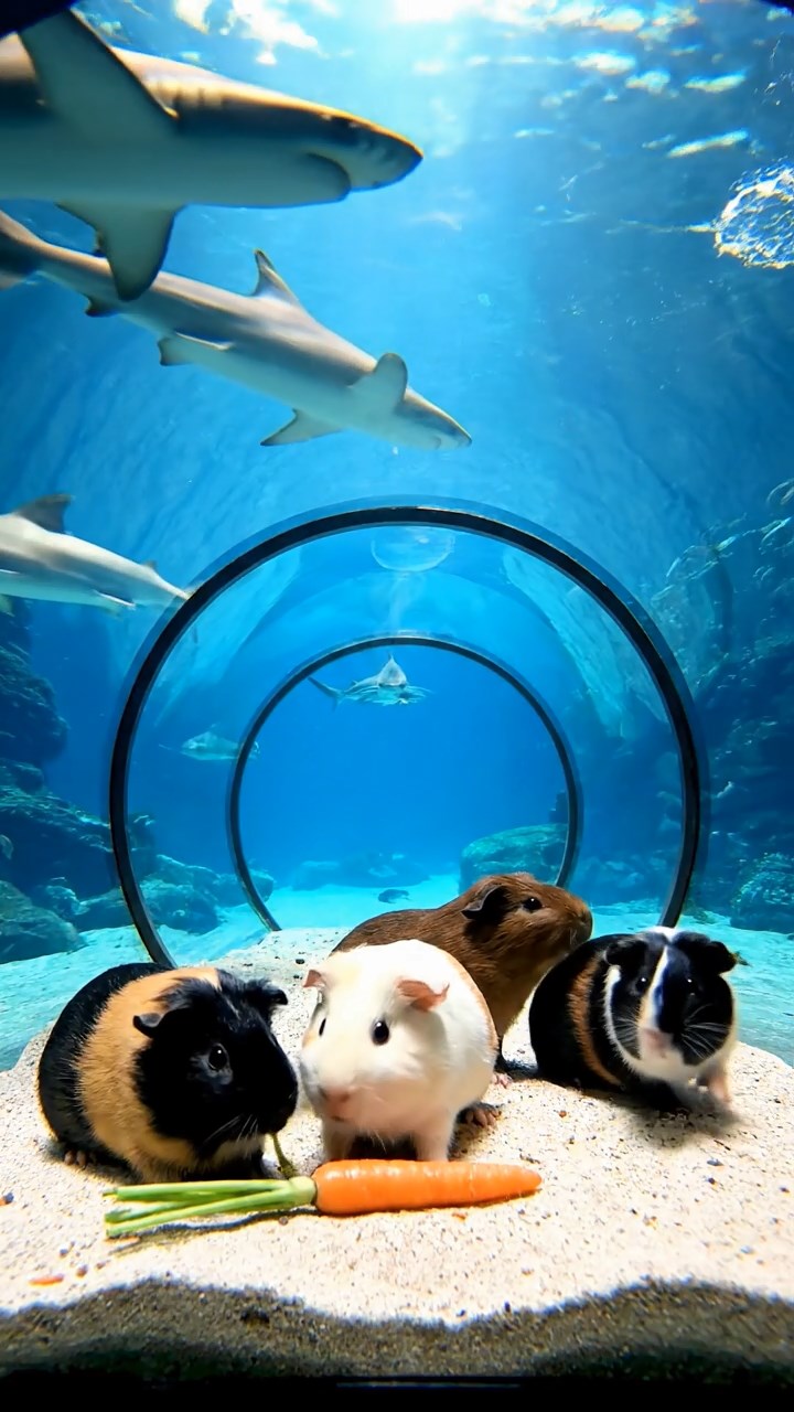 728. Realistic scene of 3 smooth-haired Californian guinea pigs with Chocolate, Cinnamon, and Gray fur, grooming each other in a lush meadow with scattered wildflowers and a babbling brook, under golden sunlight, enhancing the authentic, social atmosphere.