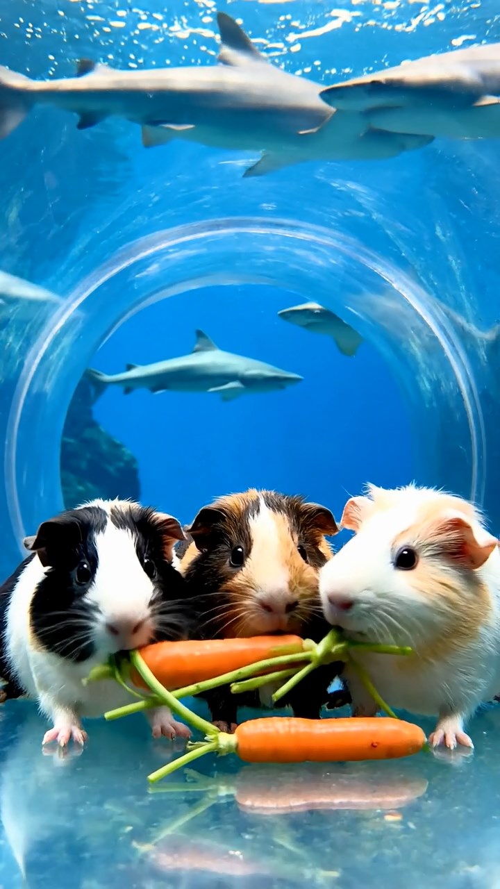 728. Realistic scene of 3 smooth-haired Californian guinea pigs with Chocolate, Cinnamon, and Gray fur, grooming each other in a lush meadow with scattered wildflowers and a babbling brook, under golden sunlight, enhancing the authentic, social atmosphere.