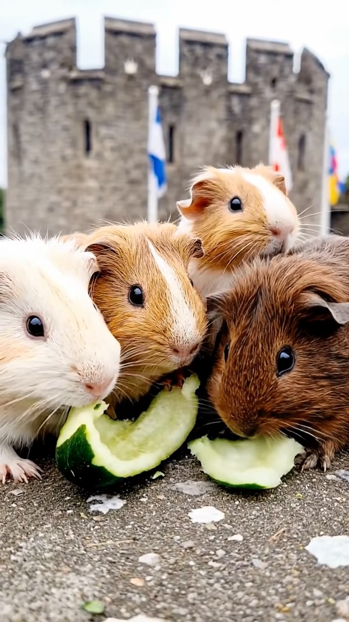 733. Detailed photo of 3 smooth-haired American guinea pigs with Gray, Cream, and Brown fur, burrowing like rabbits in a sandy dune with sparse grass and distant cacti, under a golden sunset, creating a vivid, realistic desert scene.
