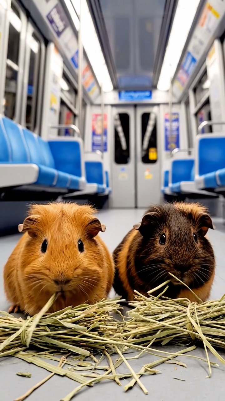 734. Photorealistic scene of 4 smooth-haired Teddy guinea pigs with Fawn, Chocolate, Cinnamon, and Sable fur, dressed as librarians in tiny glasses, organizing miniature books in a guinea pig library with hay shelves and soft lamplight, capturing a realistic, cozy moment.