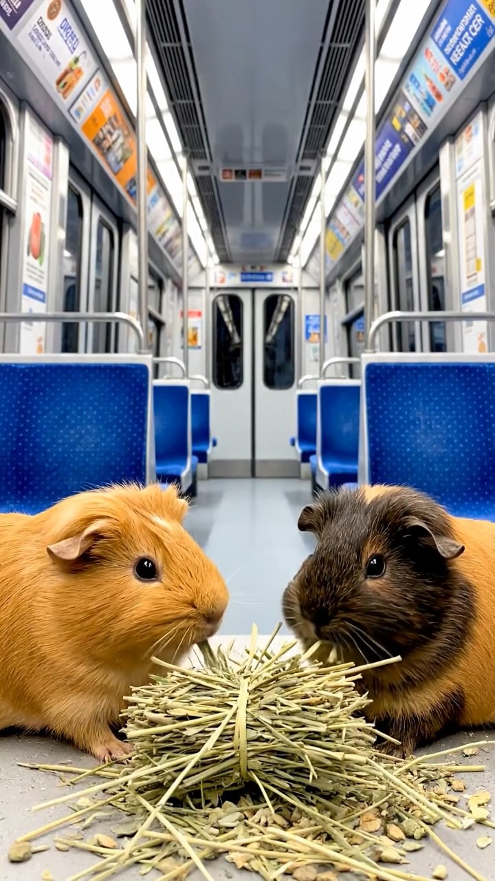 734. Photorealistic scene of 4 smooth-haired Teddy guinea pigs with Fawn, Chocolate, Cinnamon, and Sable fur, dressed as librarians in tiny glasses, organizing miniature books in a guinea pig library with hay shelves and soft lamplight, capturing a realistic, cozy moment.