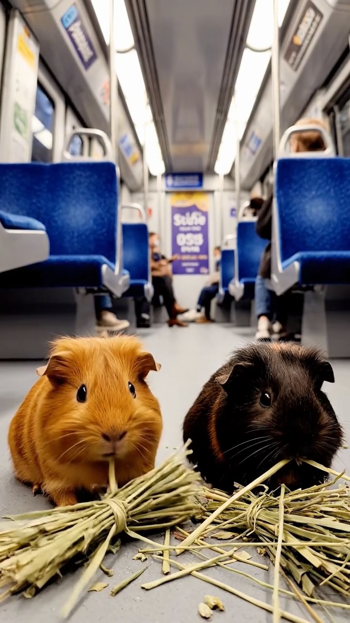 734. Photorealistic scene of 4 smooth-haired Teddy guinea pigs with Fawn, Chocolate, Cinnamon, and Sable fur, dressed as librarians in tiny glasses, organizing miniature books in a guinea pig library with hay shelves and soft lamplight, capturing a realistic, cozy moment.