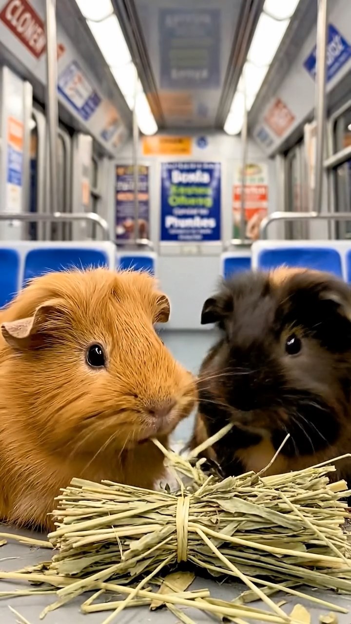 734. Photorealistic scene of 4 smooth-haired Teddy guinea pigs with Fawn, Chocolate, Cinnamon, and Sable fur, dressed as librarians in tiny glasses, organizing miniature books in a guinea pig library with hay shelves and soft lamplight, capturing a realistic, cozy moment.