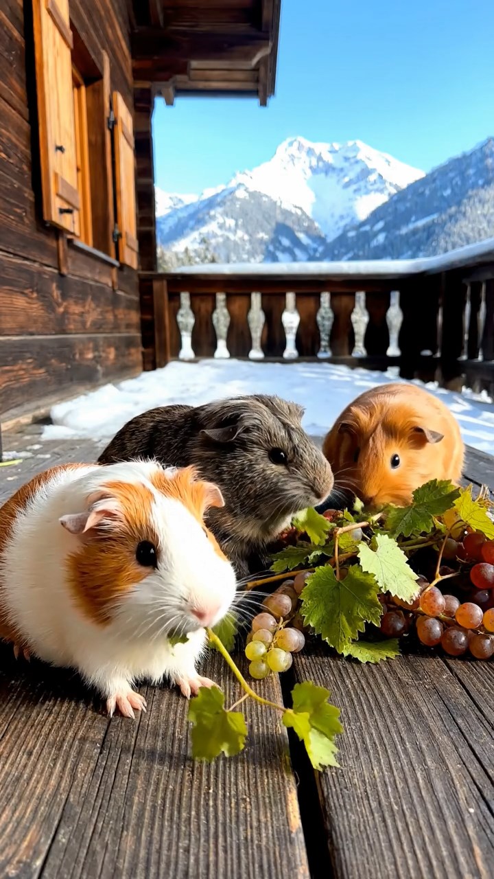 735. Highly detailed view of 5 smooth-haired Himalayan guinea pigs with White, Orange, Gray, Black, and Brown fur, foraging for wild herbs in a lush meadow with wildflowers and a babbling brook, under soft morning light, creating a realistic, serene pastoral scene.