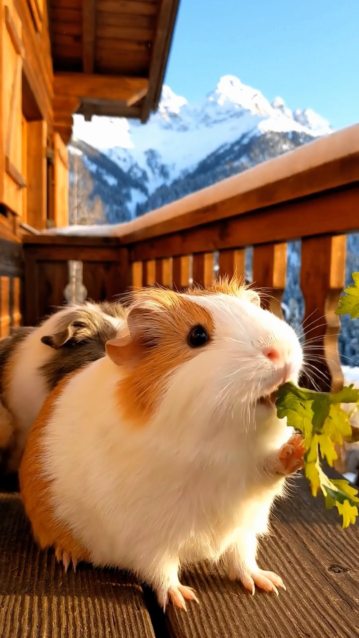 735. Highly detailed view of 5 smooth-haired Himalayan guinea pigs with White, Orange, Gray, Black, and Brown fur, foraging for wild herbs in a lush meadow with wildflowers and a babbling brook, under soft morning light, creating a realistic, serene pastoral scene.