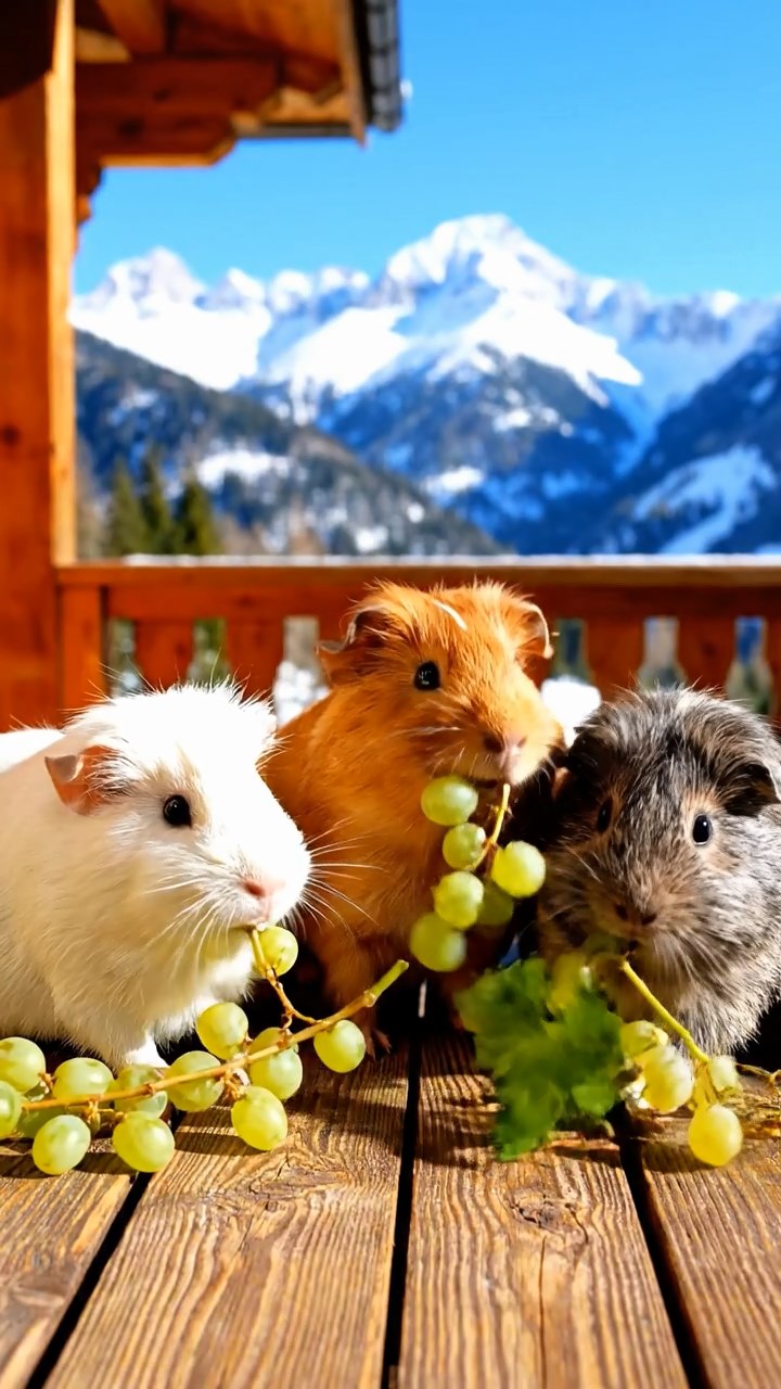 735. Highly detailed view of 5 smooth-haired Himalayan guinea pigs with White, Orange, Gray, Black, and Brown fur, foraging for wild herbs in a lush meadow with wildflowers and a babbling brook, under soft morning light, creating a realistic, serene pastoral scene.