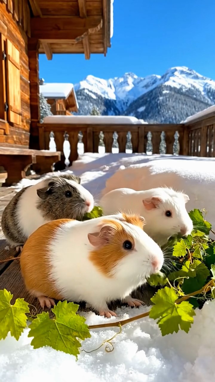 735. Highly detailed view of 5 smooth-haired Himalayan guinea pigs with White, Orange, Gray, Black, and Brown fur, foraging for wild herbs in a lush meadow with wildflowers and a babbling brook, under soft morning light, creating a realistic, serene pastoral scene.