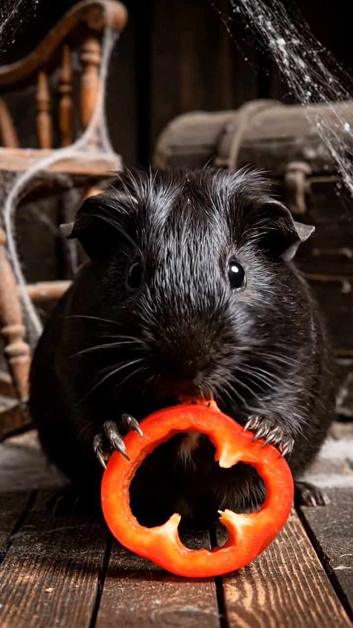 736. Realistic scene of 1 smooth-haired Californian guinea pig with Cream fur, nibbling on strawberries, in a fragrant rose garden with blooming red and white roses, under warm sunlight, capturing a vivid, lifelike romantic moment.