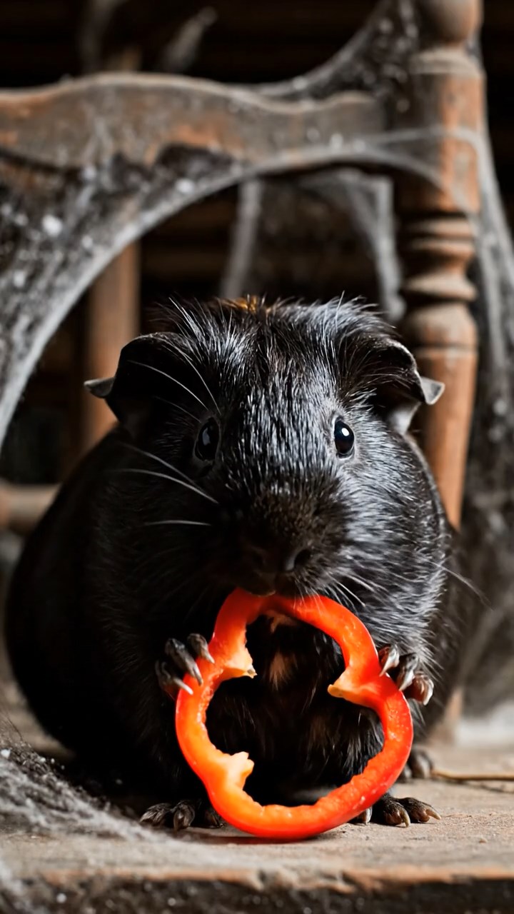 736. Realistic scene of 1 smooth-haired Californian guinea pig with Cream fur, nibbling on strawberries, in a fragrant rose garden with blooming red and white roses, under warm sunlight, capturing a vivid, lifelike romantic moment.