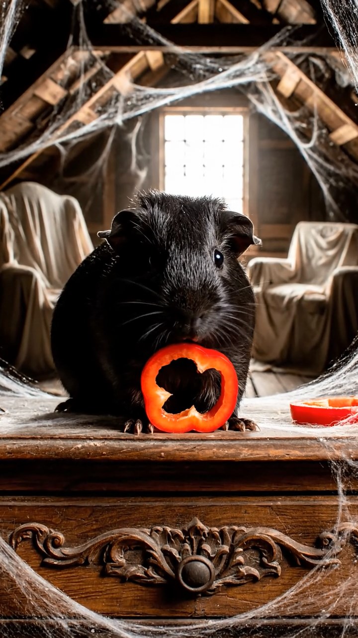 736. Realistic scene of 1 smooth-haired Californian guinea pig with Cream fur, nibbling on strawberries, in a fragrant rose garden with blooming red and white roses, under warm sunlight, capturing a vivid, lifelike romantic moment.