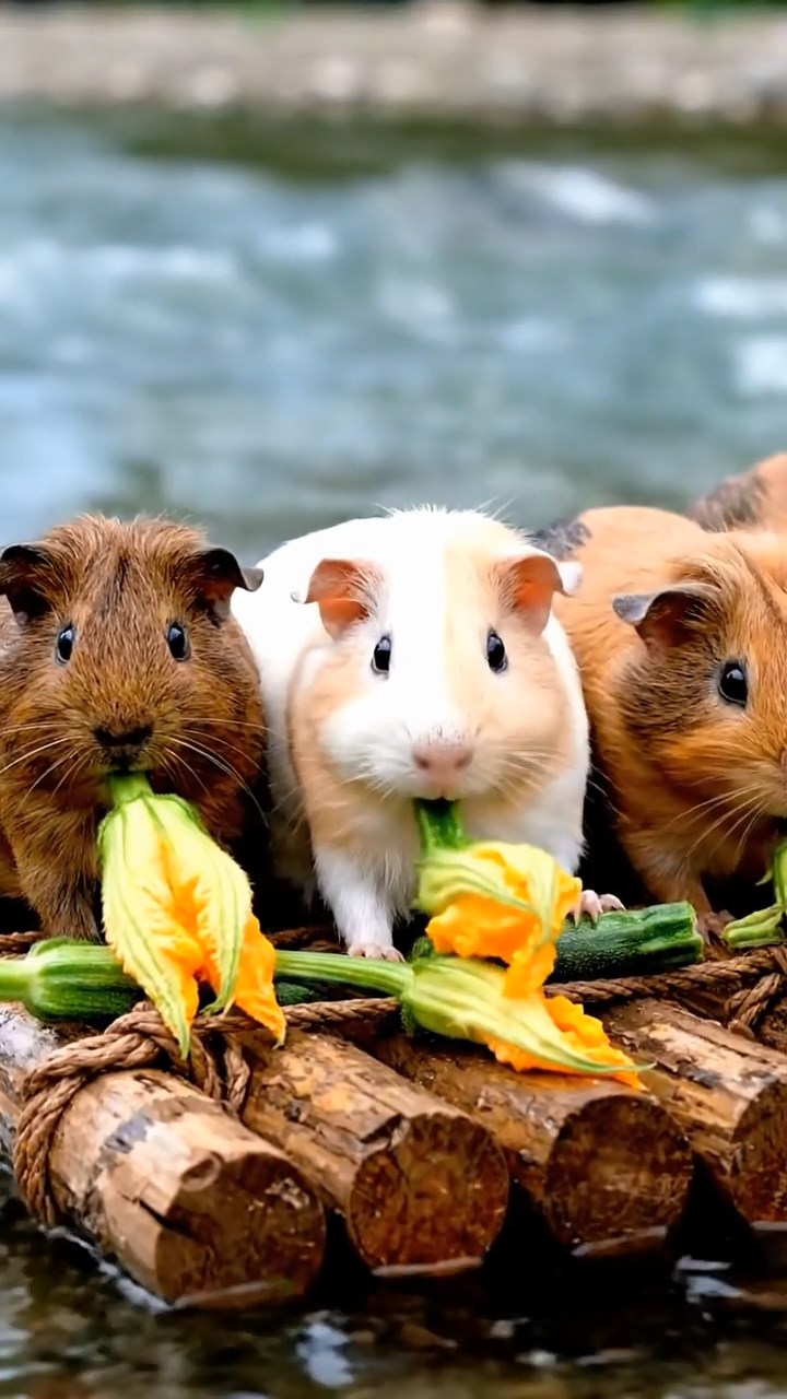 737. Detailed photo of 2 smooth-haired American guinea pigs with Fawn and Sable fur, dressed as bakers in tiny aprons, baking muffins in a guinea pig bakery with hay ovens and wooden counters, under soft lamplight, creating a realistic, cozy culinary scene.