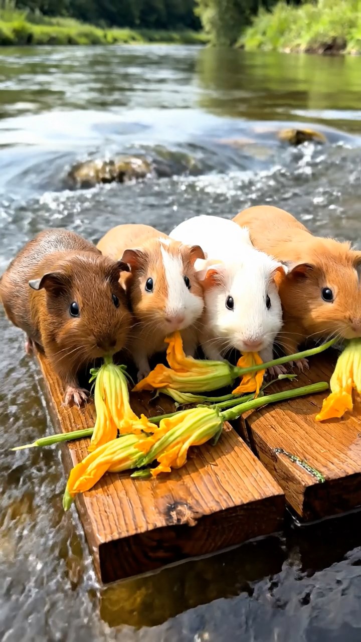 737. Detailed photo of 2 smooth-haired American guinea pigs with Fawn and Sable fur, dressed as bakers in tiny aprons, baking muffins in a guinea pig bakery with hay ovens and wooden counters, under soft lamplight, creating a realistic, cozy culinary scene.