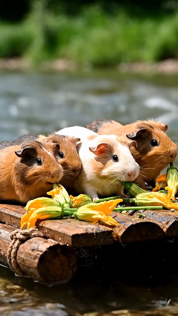 737. Detailed photo of 2 smooth-haired American guinea pigs with Fawn and Sable fur, dressed as bakers in tiny aprons, baking muffins in a guinea pig bakery with hay ovens and wooden counters, under soft lamplight, creating a realistic, cozy culinary scene.