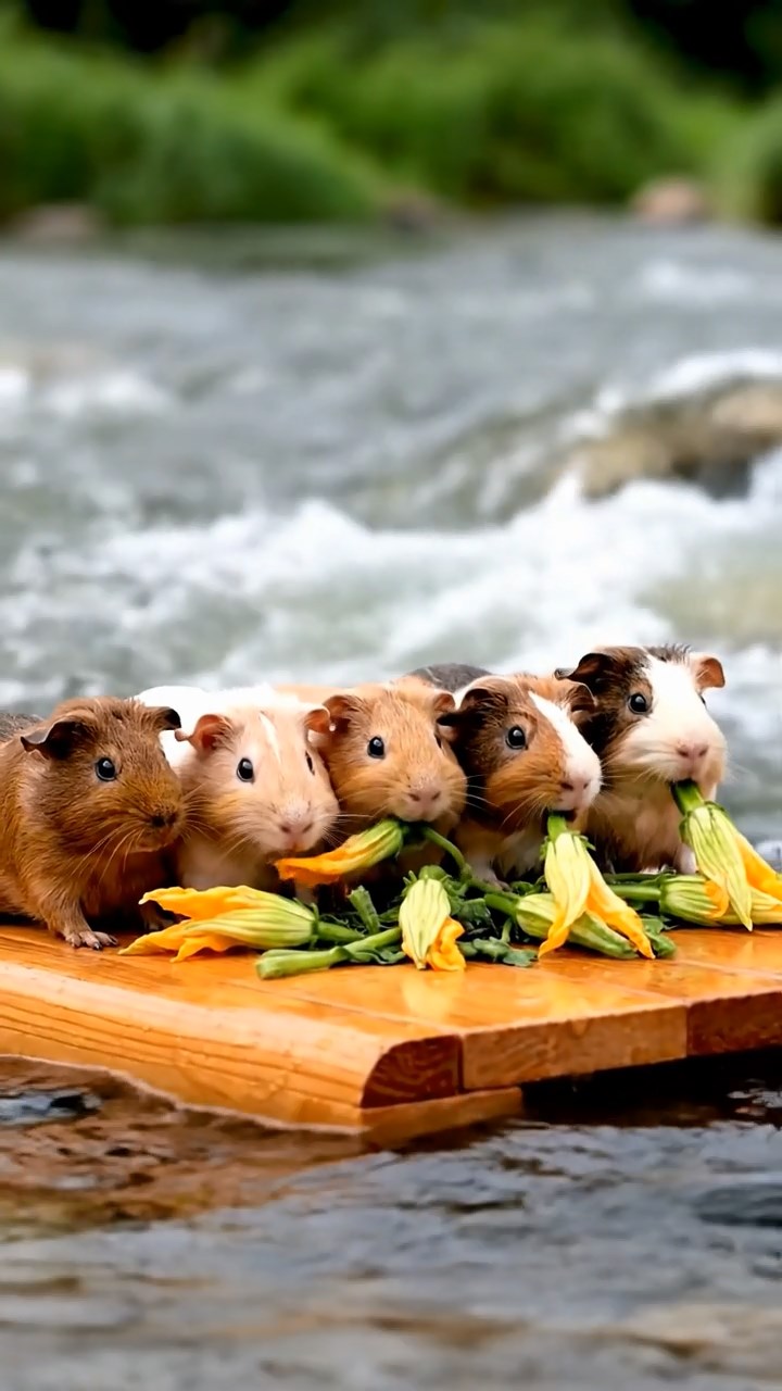 737. Detailed photo of 2 smooth-haired American guinea pigs with Fawn and Sable fur, dressed as bakers in tiny aprons, baking muffins in a guinea pig bakery with hay ovens and wooden counters, under soft lamplight, creating a realistic, cozy culinary scene.