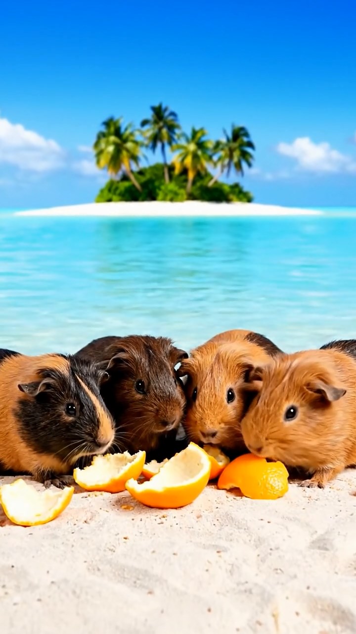 738. Photorealistic scene of 3 smooth-haired Teddy guinea pigs with Chocolate, Cinnamon, and Gray fur, climbing small rocks in a forested glade with soft moss and scattered leaves, under dappled sunlight, enhancing the authentic, adventurous atmosphere.
