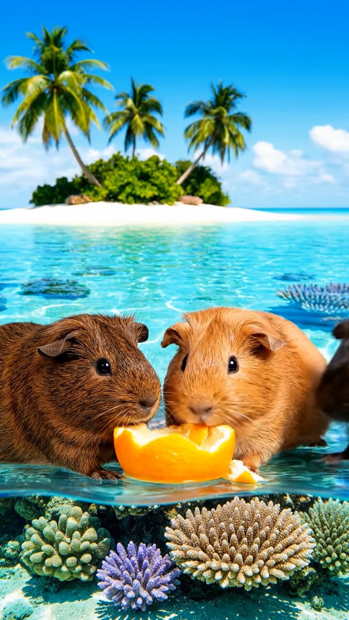 738. Photorealistic scene of 3 smooth-haired Teddy guinea pigs with Chocolate, Cinnamon, and Gray fur, climbing small rocks in a forested glade with soft moss and scattered leaves, under dappled sunlight, enhancing the authentic, adventurous atmosphere.