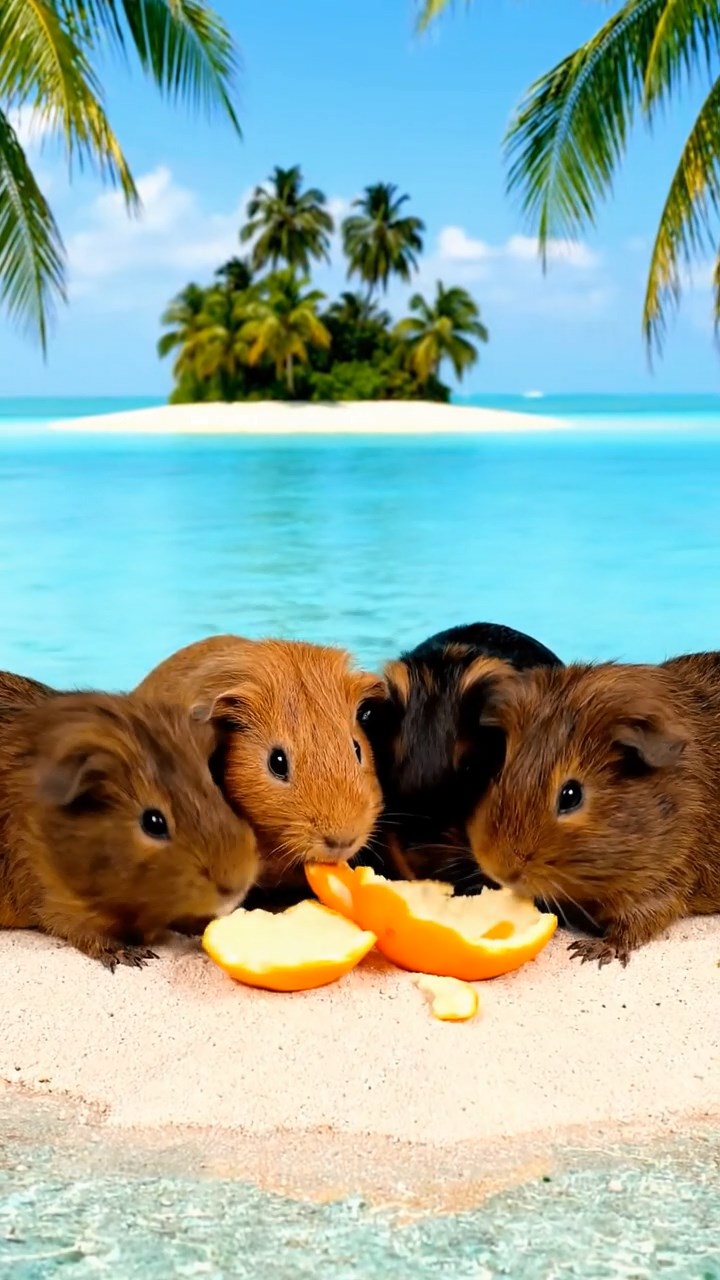 738. Photorealistic scene of 3 smooth-haired Teddy guinea pigs with Chocolate, Cinnamon, and Gray fur, climbing small rocks in a forested glade with soft moss and scattered leaves, under dappled sunlight, enhancing the authentic, adventurous atmosphere.