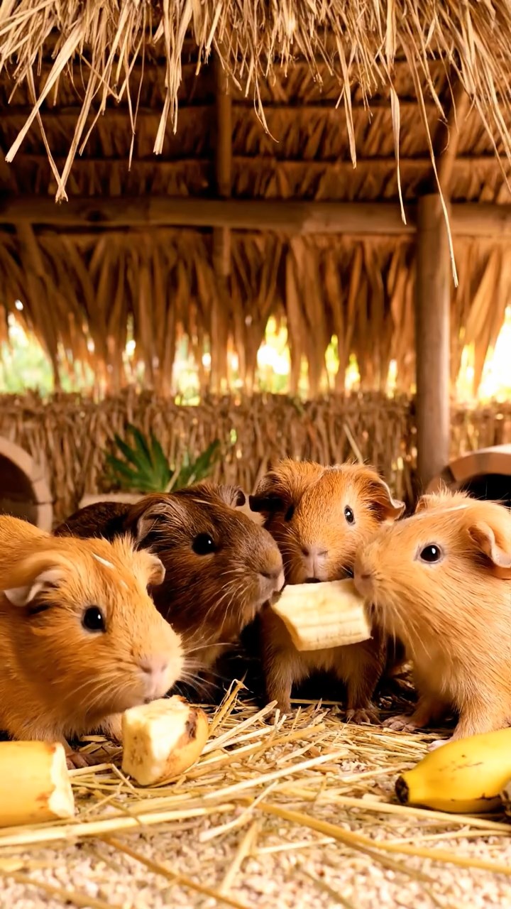 742. Photorealistic scene of 2 smooth-haired Teddy guinea pigs with Orange and Black fur, dressed as engineers in tiny helmets, constructing a miniature tower in a guinea pig workshop with hay beams and tools, under bright daylight, enhancing the lifelike, industrious atmosphere.