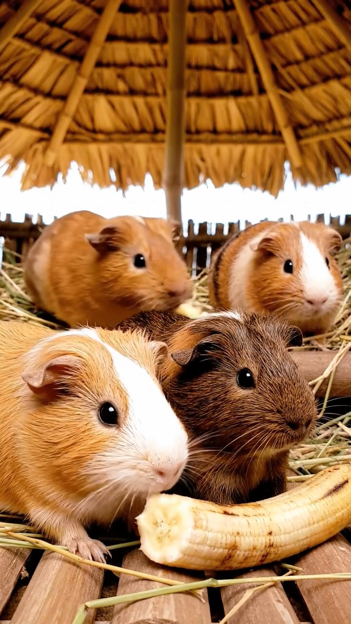 742. Photorealistic scene of 2 smooth-haired Teddy guinea pigs with Orange and Black fur, dressed as engineers in tiny helmets, constructing a miniature tower in a guinea pig workshop with hay beams and tools, under bright daylight, enhancing the lifelike, industrious atmosphere.