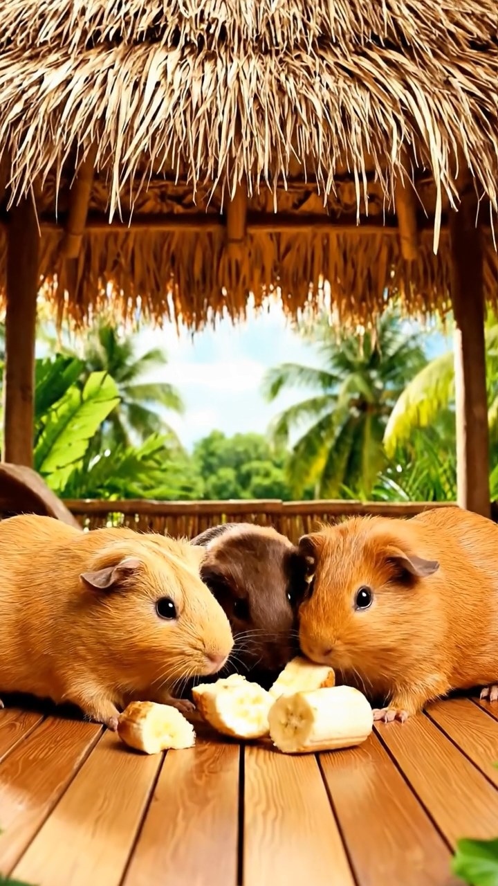 742. Photorealistic scene of 2 smooth-haired Teddy guinea pigs with Orange and Black fur, dressed as engineers in tiny helmets, constructing a miniature tower in a guinea pig workshop with hay beams and tools, under bright daylight, enhancing the lifelike, industrious atmosphere.