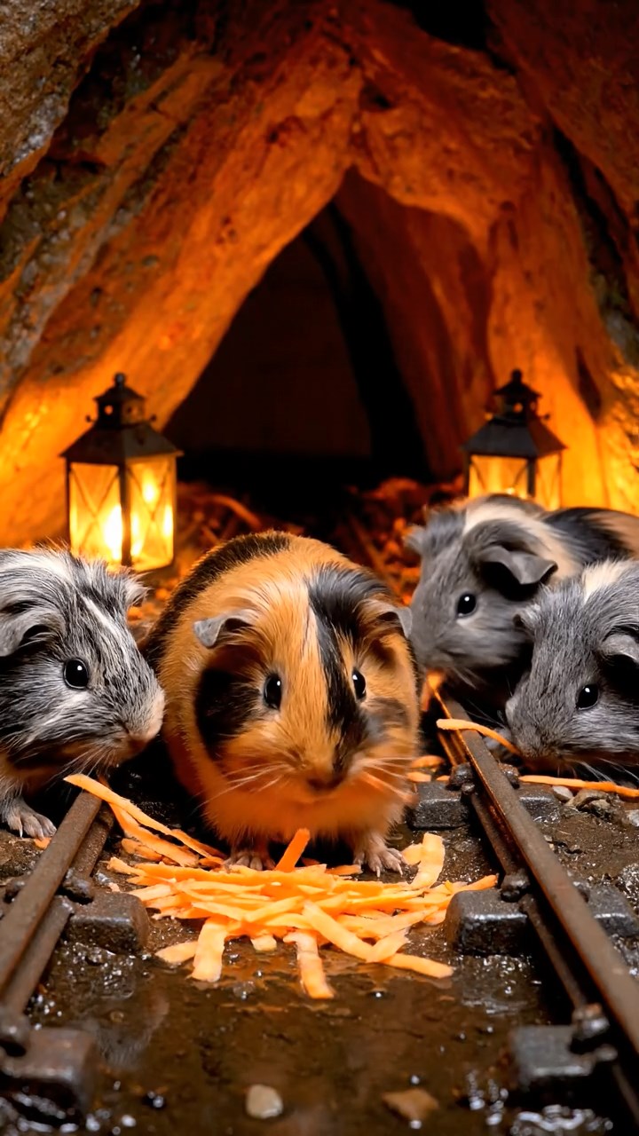 744. Realistic scene of 4 smooth-haired Californian guinea pigs with Fawn, Chocolate, Cinnamon, and Sable fur, dressed as firefighters in tiny uniforms, practicing drills in a guinea pig village with hay houses, under glowing streetlights, capturing a heroic, lifelike moment.