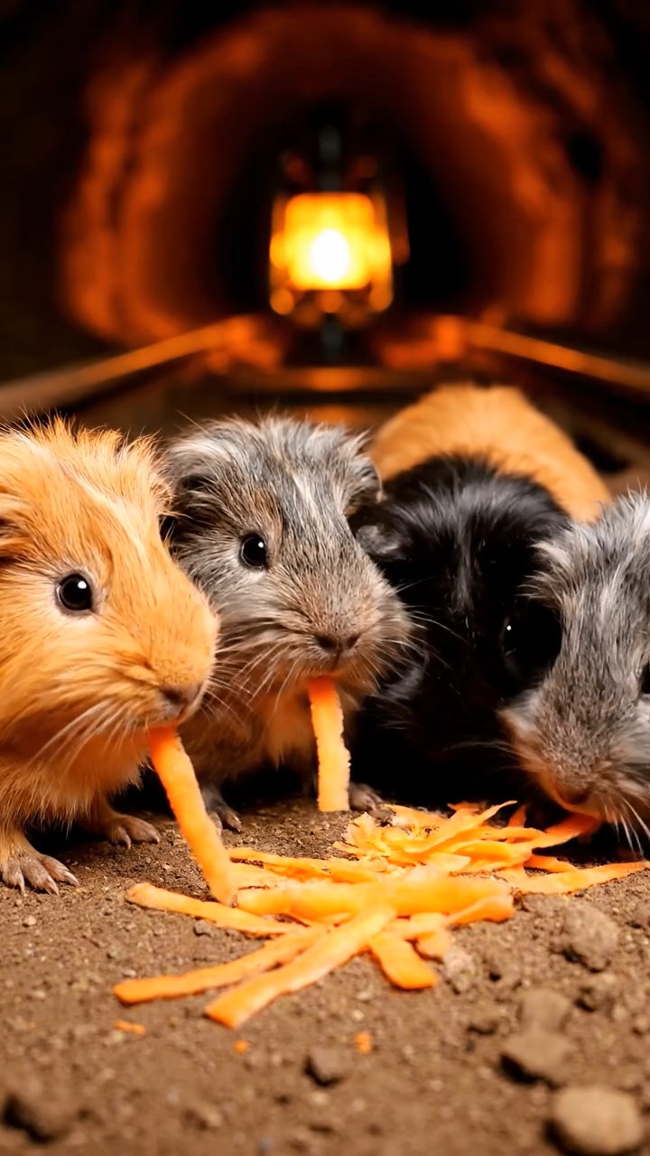 744. Realistic scene of 4 smooth-haired Californian guinea pigs with Fawn, Chocolate, Cinnamon, and Sable fur, dressed as firefighters in tiny uniforms, practicing drills in a guinea pig village with hay houses, under glowing streetlights, capturing a heroic, lifelike moment.