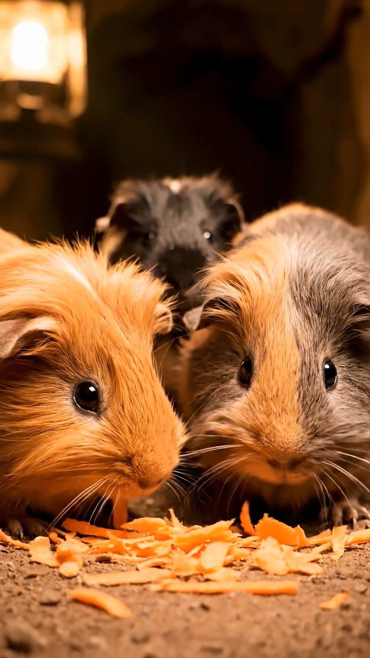 744. Realistic scene of 4 smooth-haired Californian guinea pigs with Fawn, Chocolate, Cinnamon, and Sable fur, dressed as firefighters in tiny uniforms, practicing drills in a guinea pig village with hay houses, under glowing streetlights, capturing a heroic, lifelike moment.