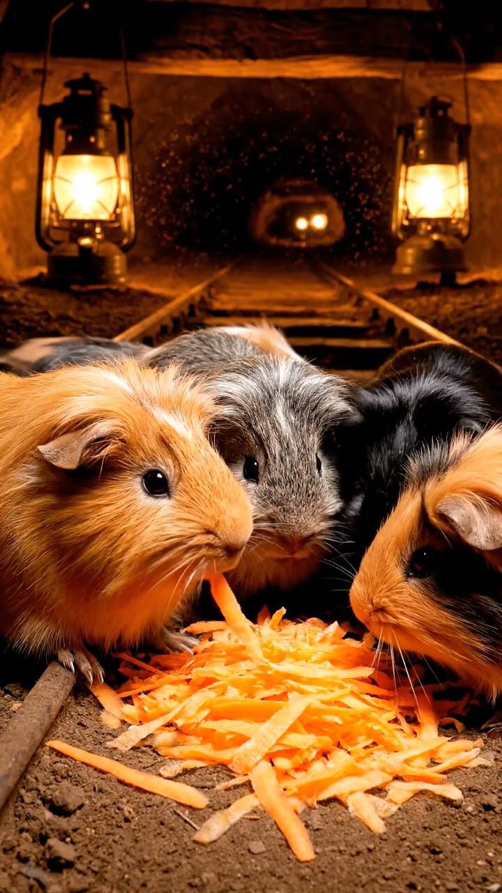 744. Realistic scene of 4 smooth-haired Californian guinea pigs with Fawn, Chocolate, Cinnamon, and Sable fur, dressed as firefighters in tiny uniforms, practicing drills in a guinea pig village with hay houses, under glowing streetlights, capturing a heroic, lifelike moment.