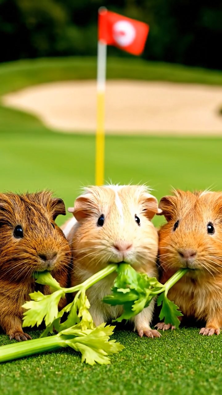745. Detailed photo of 5 smooth-haired American guinea pigs with White, Orange, Gray, Black, and Brown fur, foraging for clover in a lush meadow with wildflowers and a trickling stream, under soft morning light, creating a realistic, serene pastoral scene.