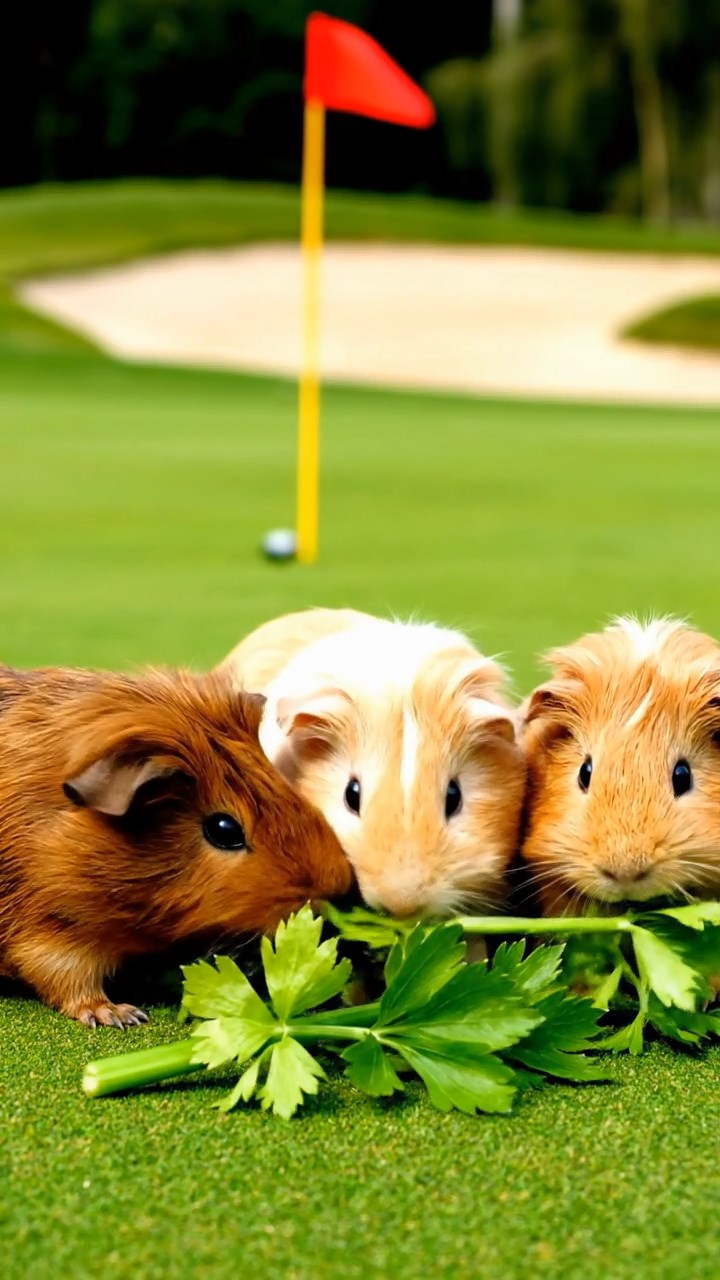 745. Detailed photo of 5 smooth-haired American guinea pigs with White, Orange, Gray, Black, and Brown fur, foraging for clover in a lush meadow with wildflowers and a trickling stream, under soft morning light, creating a realistic, serene pastoral scene.