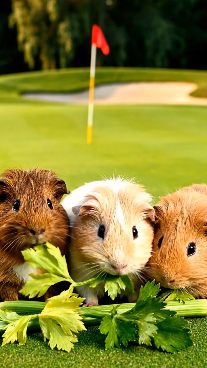 745. Detailed photo of 5 smooth-haired American guinea pigs with White, Orange, Gray, Black, and Brown fur, foraging for clover in a lush meadow with wildflowers and a trickling stream, under soft morning light, creating a realistic, serene pastoral scene.