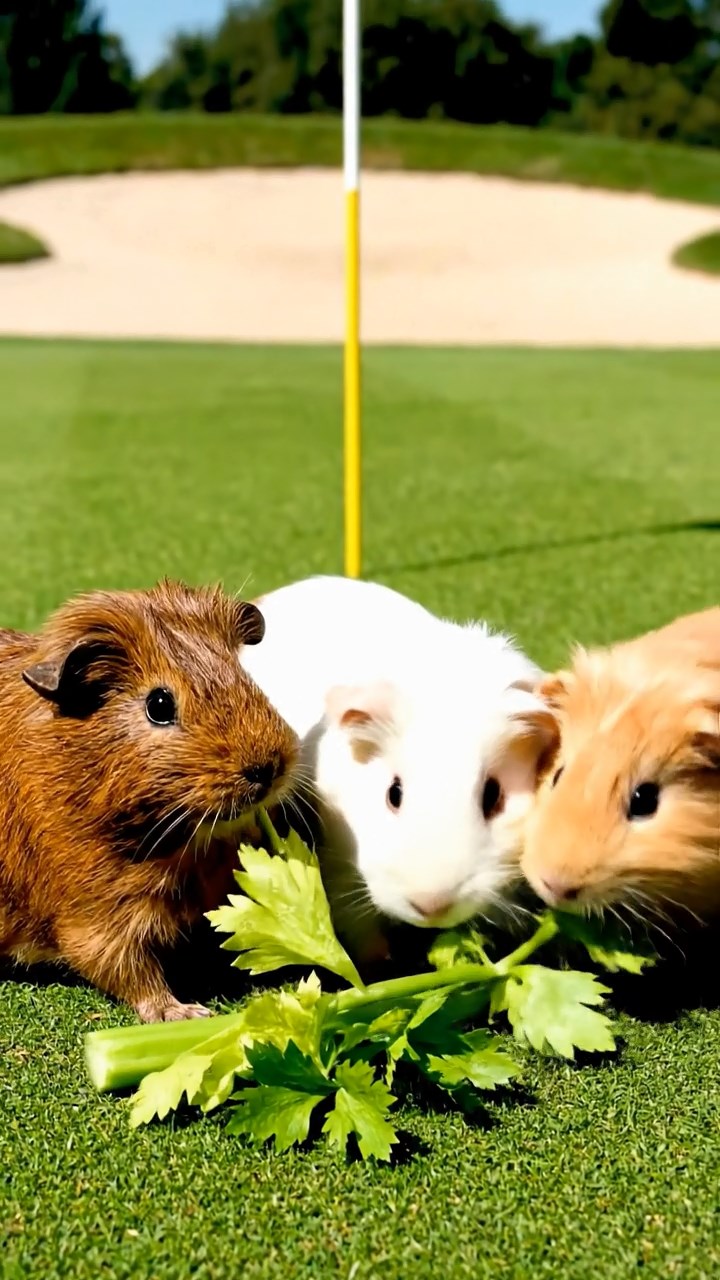745. Detailed photo of 5 smooth-haired American guinea pigs with White, Orange, Gray, Black, and Brown fur, foraging for clover in a lush meadow with wildflowers and a trickling stream, under soft morning light, creating a realistic, serene pastoral scene.