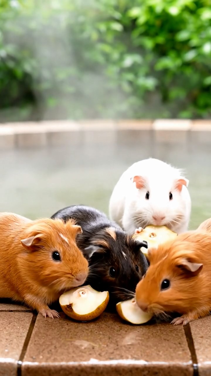 747. Highly detailed view of 2 smooth-haired Himalayan guinea pigs with Fawn and Sable fur, dressed as musicians in tiny vests, playing miniature guitars in a guinea pig concert hall with hay seats and velvet curtains, under warm spotlights, creating a realistic, elegant scene.