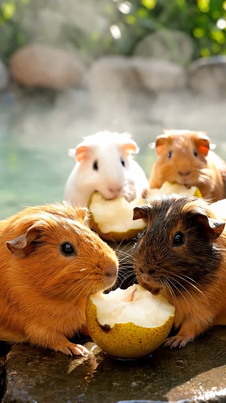 747. Highly detailed view of 2 smooth-haired Himalayan guinea pigs with Fawn and Sable fur, dressed as musicians in tiny vests, playing miniature guitars in a guinea pig concert hall with hay seats and velvet curtains, under warm spotlights, creating a realistic, elegant scene.