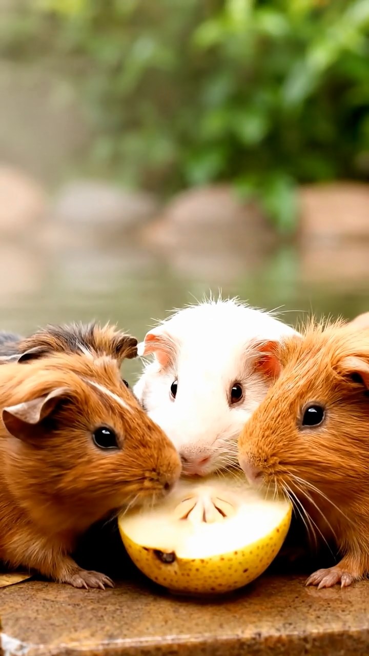 747. Highly detailed view of 2 smooth-haired Himalayan guinea pigs with Fawn and Sable fur, dressed as musicians in tiny vests, playing miniature guitars in a guinea pig concert hall with hay seats and velvet curtains, under warm spotlights, creating a realistic, elegant scene.