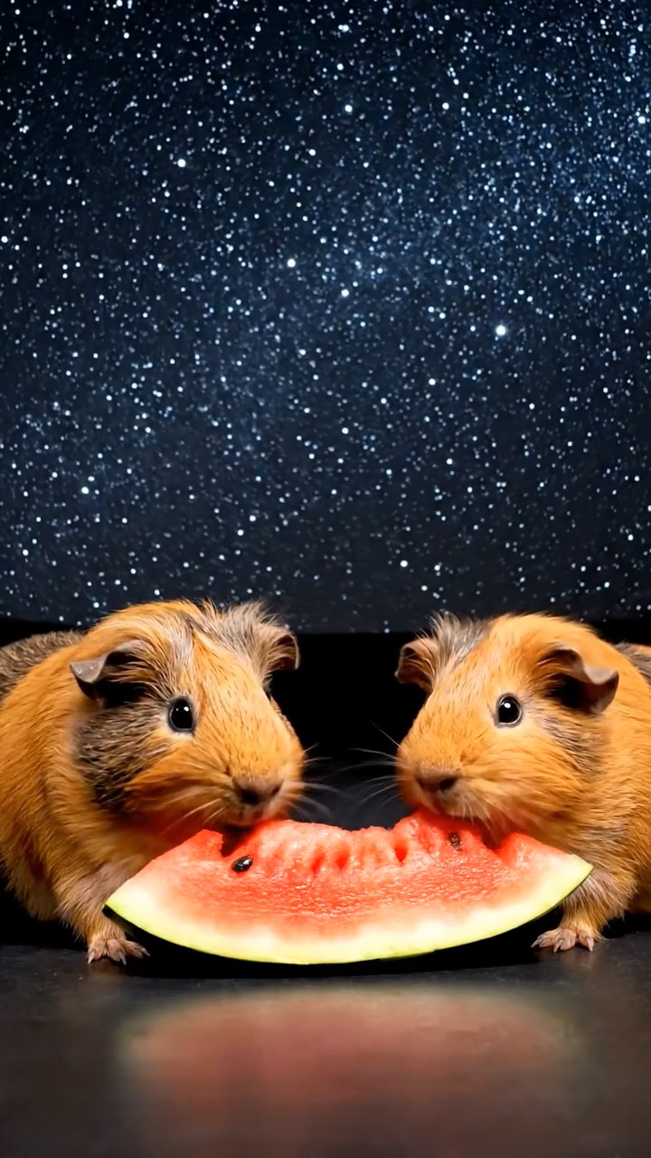 748. Realistic scene of 3 smooth-haired Californian guinea pigs with Chocolate, Cinnamon, and Gray fur, grooming each other in a lush meadow with scattered wildflowers and a babbling brook, under golden sunlight, enhancing the authentic, social atmosphere.