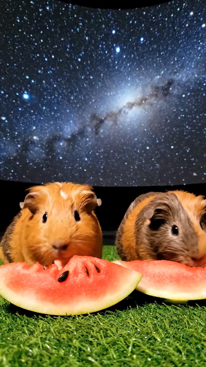 748. Realistic scene of 3 smooth-haired Californian guinea pigs with Chocolate, Cinnamon, and Gray fur, grooming each other in a lush meadow with scattered wildflowers and a babbling brook, under golden sunlight, enhancing the authentic, social atmosphere.