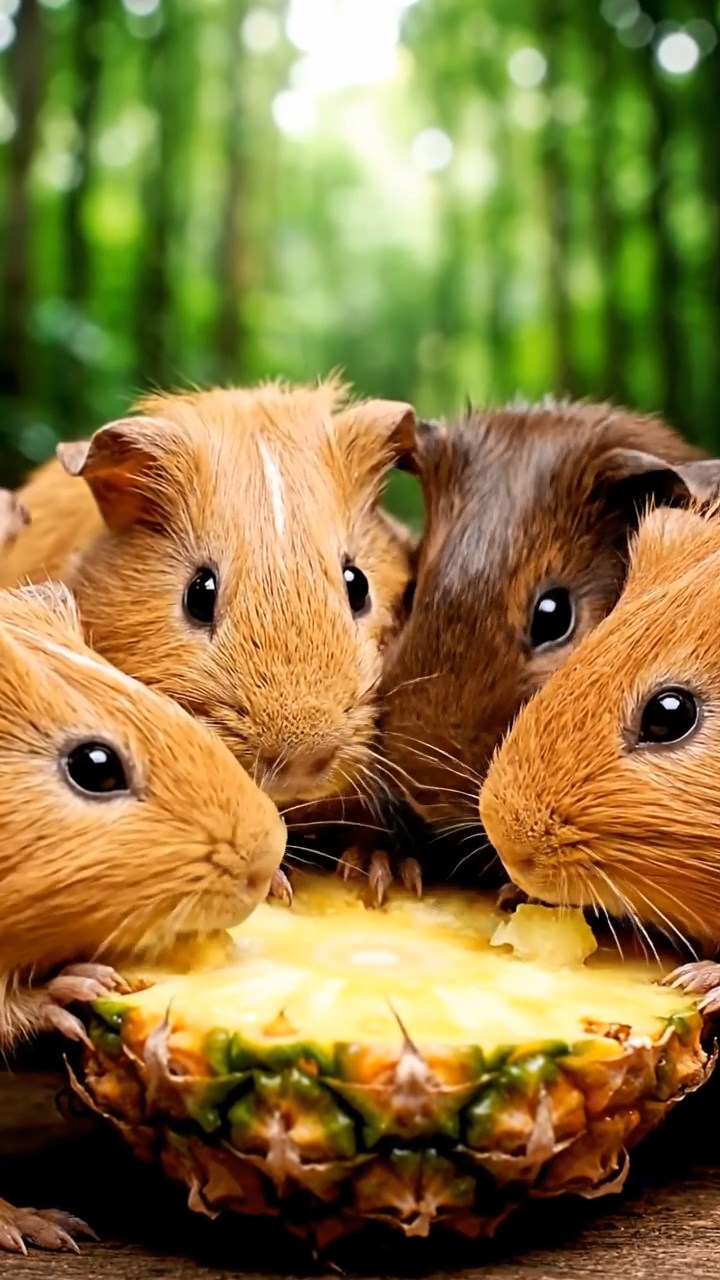 750. Photorealistic scene of 5 smooth-haired Teddy guinea pigs with Cream, Fawn, Sable, Gray, and Cinnamon fur, play-fighting in a grassy clearing with soft moss and scattered twigs, under gentle morning light, capturing a realistic, playful woodland moment.