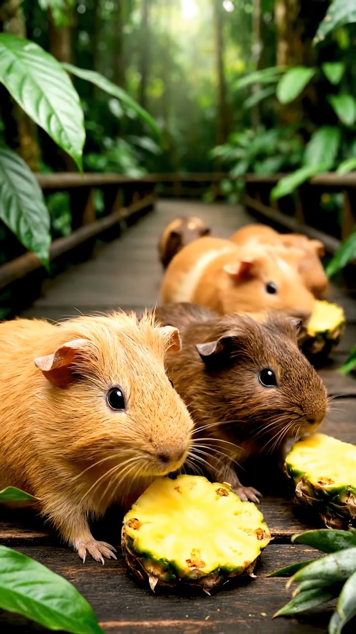 750. Photorealistic scene of 5 smooth-haired Teddy guinea pigs with Cream, Fawn, Sable, Gray, and Cinnamon fur, play-fighting in a grassy clearing with soft moss and scattered twigs, under gentle morning light, capturing a realistic, playful woodland moment.