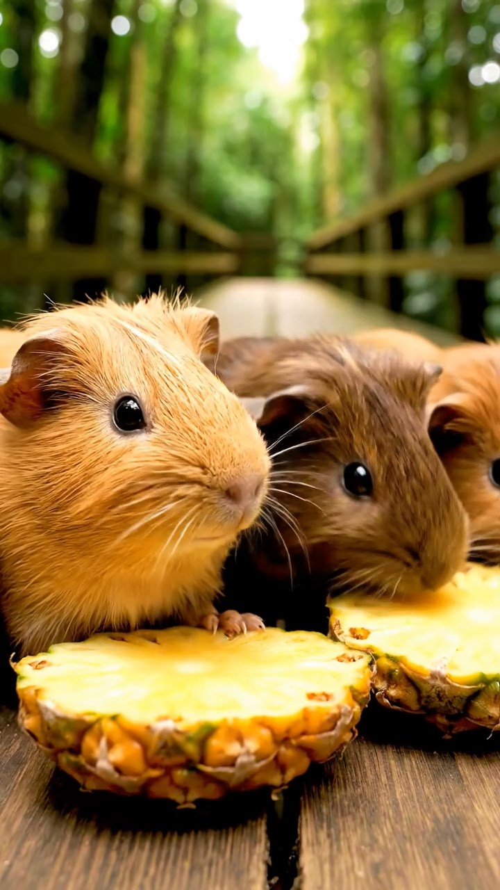 750. Photorealistic scene of 5 smooth-haired Teddy guinea pigs with Cream, Fawn, Sable, Gray, and Cinnamon fur, play-fighting in a grassy clearing with soft moss and scattered twigs, under gentle morning light, capturing a realistic, playful woodland moment.