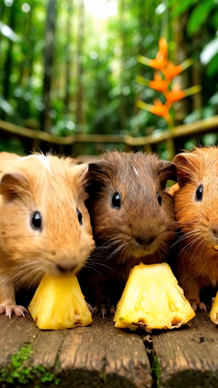 750. Photorealistic scene of 5 smooth-haired Teddy guinea pigs with Cream, Fawn, Sable, Gray, and Cinnamon fur, play-fighting in a grassy clearing with soft moss and scattered twigs, under gentle morning light, capturing a realistic, playful woodland moment.