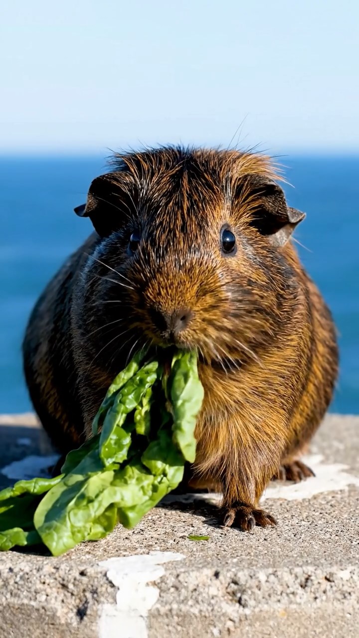 751. Highly detailed view of 1 smooth-haired Himalayan guinea pig with White fur, munching on bell peppers, in a vibrant vegetable garden with rows of tomatoes and lettuce, under bright sunlight, creating a realistic, colorful rural scene.