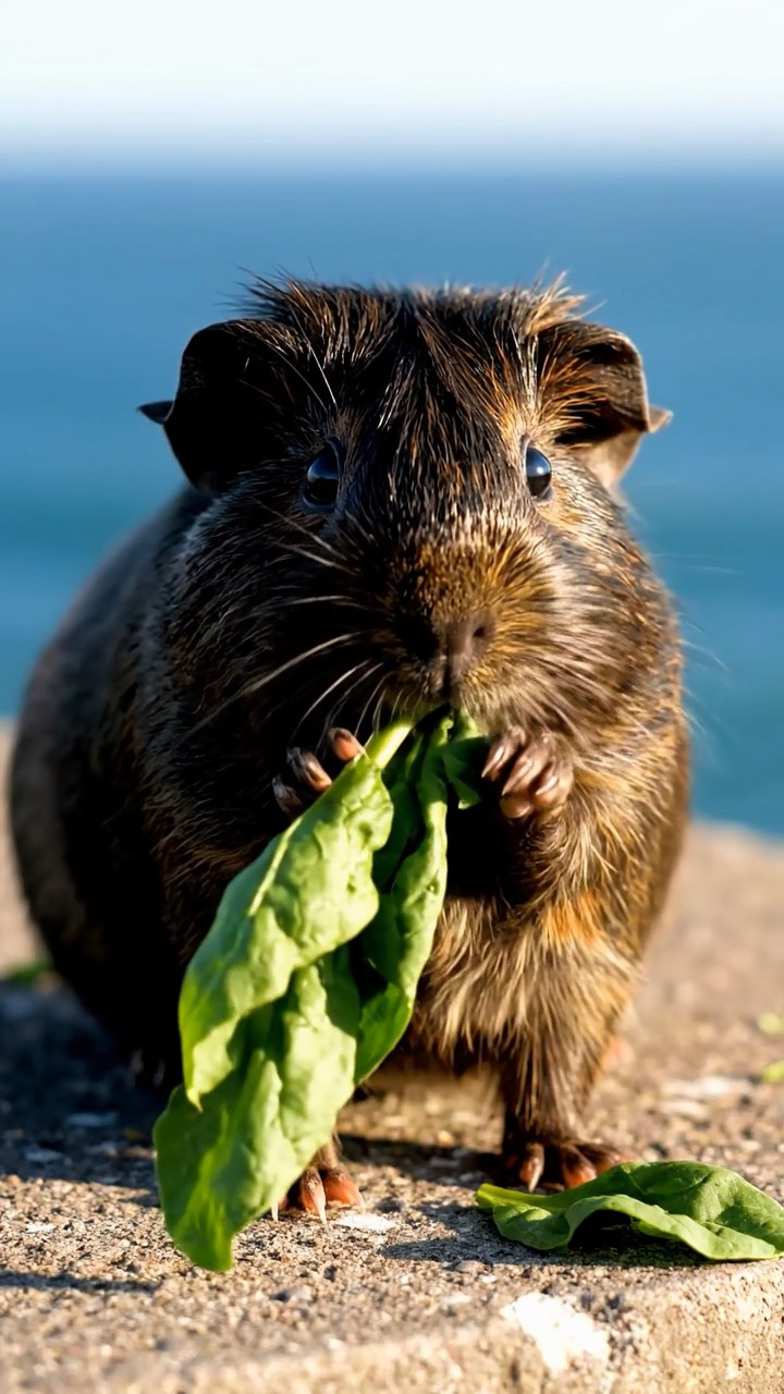 751. Highly detailed view of 1 smooth-haired Himalayan guinea pig with White fur, munching on bell peppers, in a vibrant vegetable garden with rows of tomatoes and lettuce, under bright sunlight, creating a realistic, colorful rural scene.