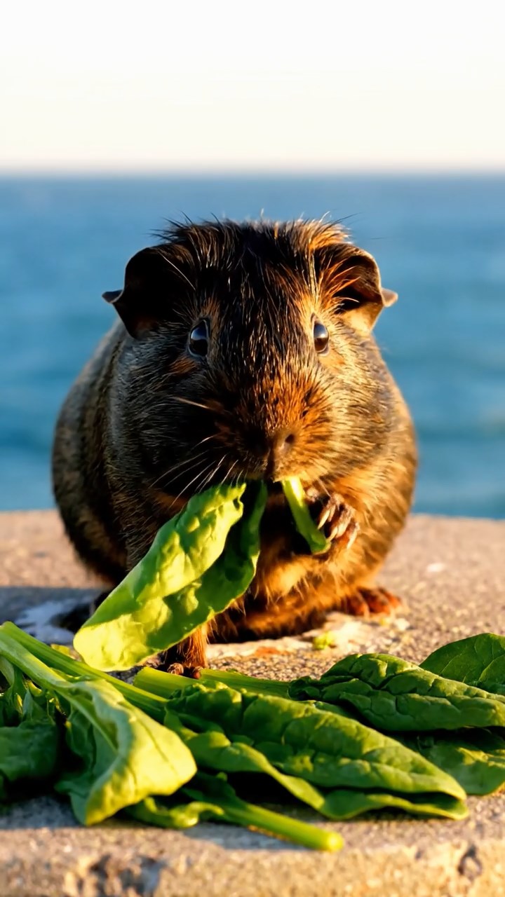 751. Highly detailed view of 1 smooth-haired Himalayan guinea pig with White fur, munching on bell peppers, in a vibrant vegetable garden with rows of tomatoes and lettuce, under bright sunlight, creating a realistic, colorful rural scene.