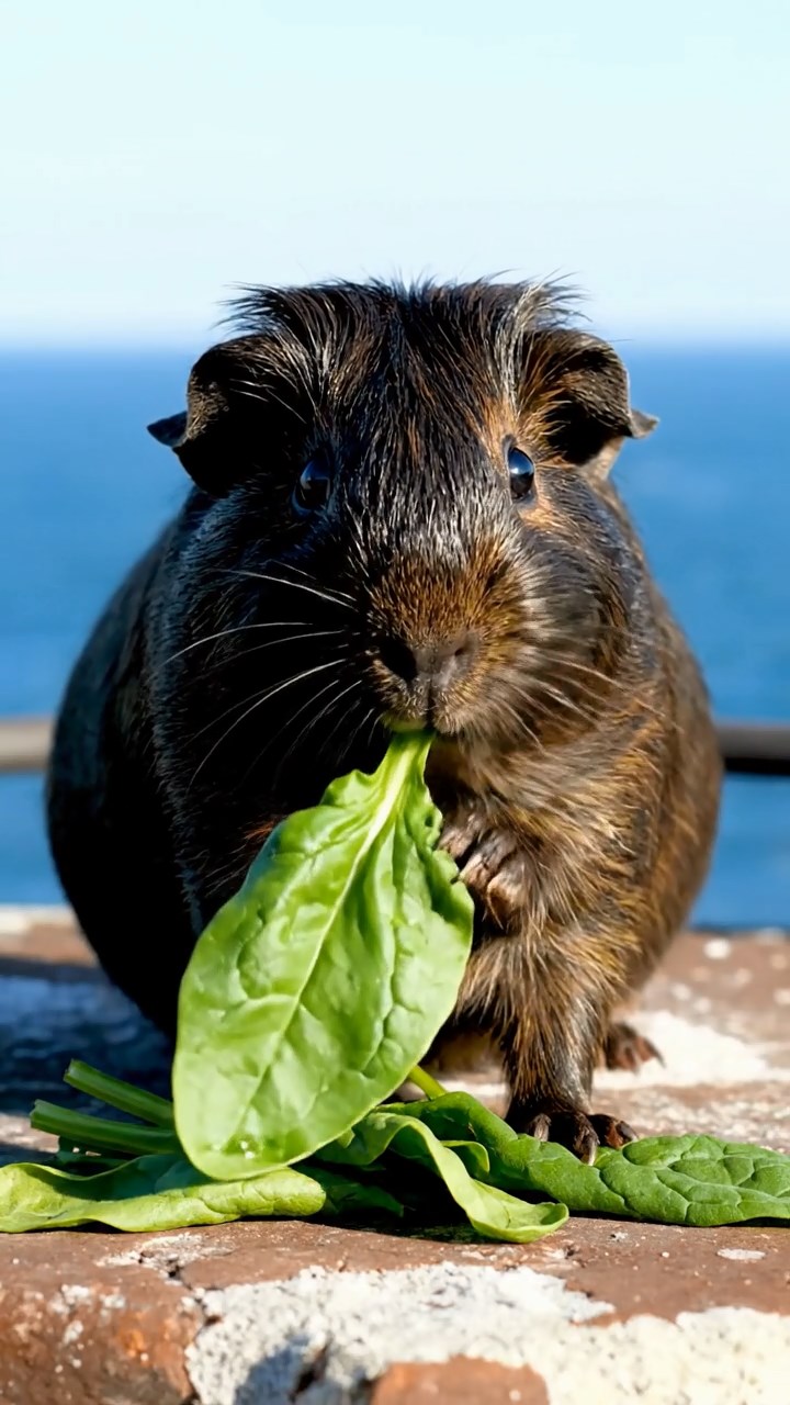751. Highly detailed view of 1 smooth-haired Himalayan guinea pig with White fur, munching on bell peppers, in a vibrant vegetable garden with rows of tomatoes and lettuce, under bright sunlight, creating a realistic, colorful rural scene.