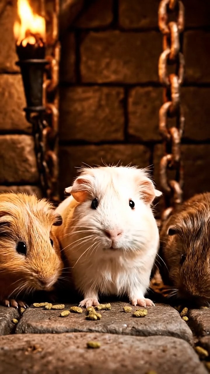 754. Photorealistic scene of 4 smooth-haired Teddy guinea pigs with Fawn, Chocolate, Cinnamon, and Sable fur, dressed as librarians in tiny glasses, shelving miniature books in a guinea pig library with hay shelves and soft lamplight, capturing a realistic, cozy moment.